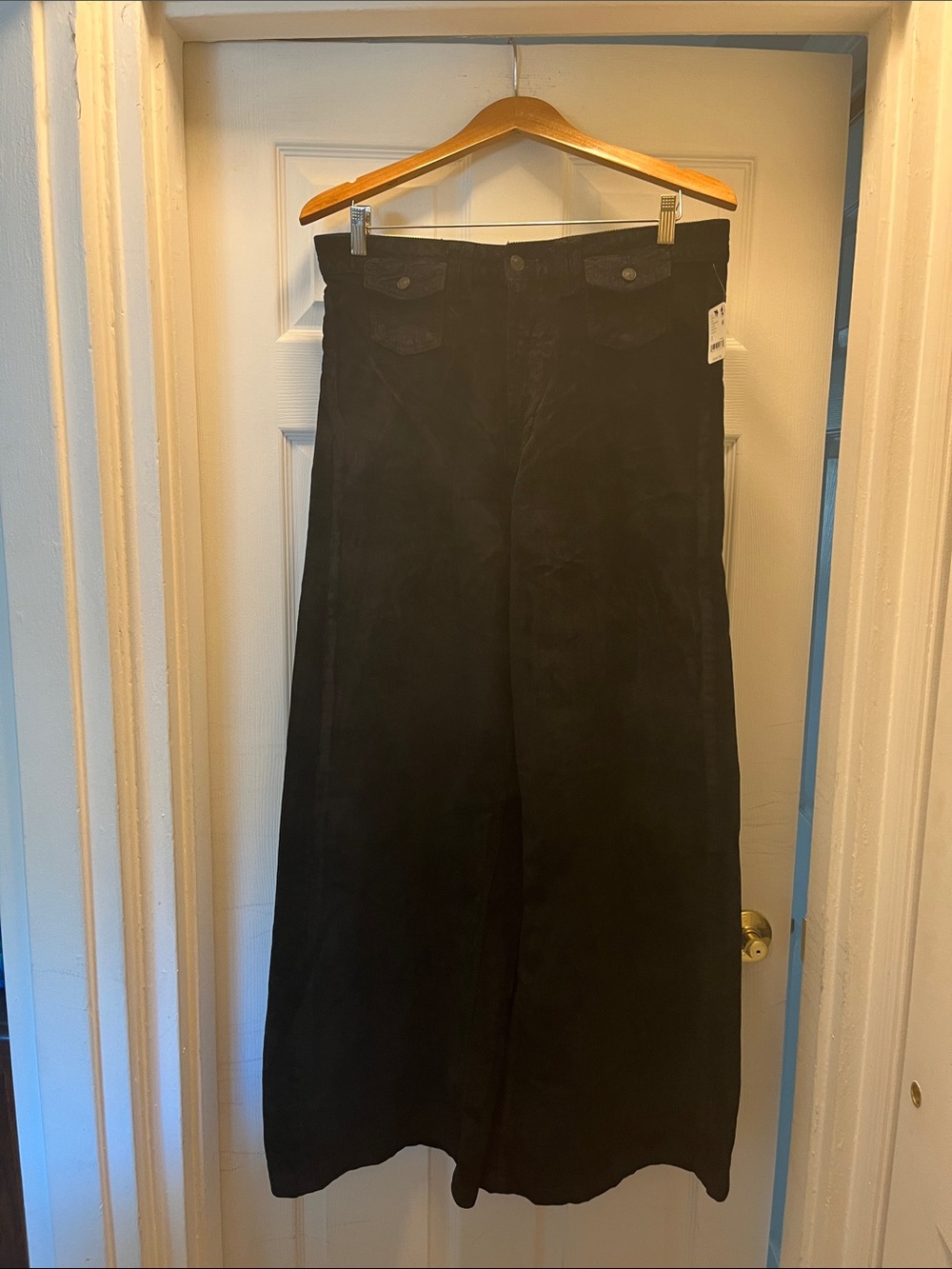 Free People Black Wide-Leg Corduroy Pants with Buttoned Front Pockets